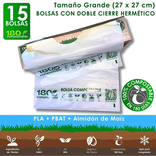 Bolsa Compostable con Doble Cierre Hermético, Grande de 27x27cm - 180Compostable.cl