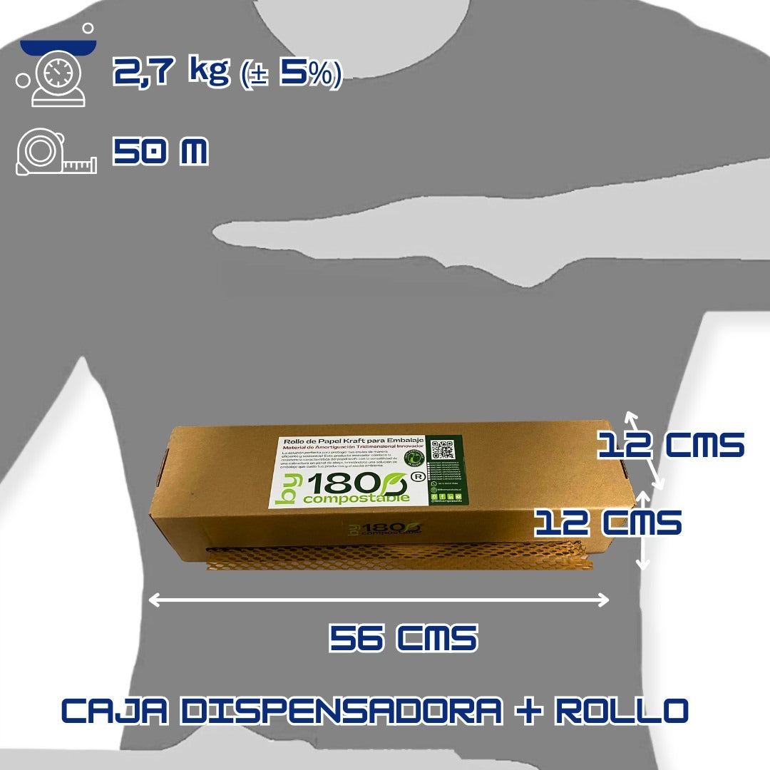 Rollo de Papel Panal de Abejas de 51cm*50m con Caja Dispensadora - 180Compostable.cl