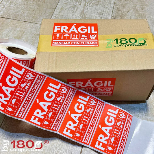 Rollo de 250 Etiquetas Frágil de 102mm x 76mm - 180Compostable.cl