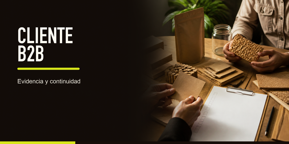 Un cliente B2B suele pedir evidencia, continuidad, fichas técnicas, trazabilidad, capacidad de reposición y lenguaje ambiental defendible.