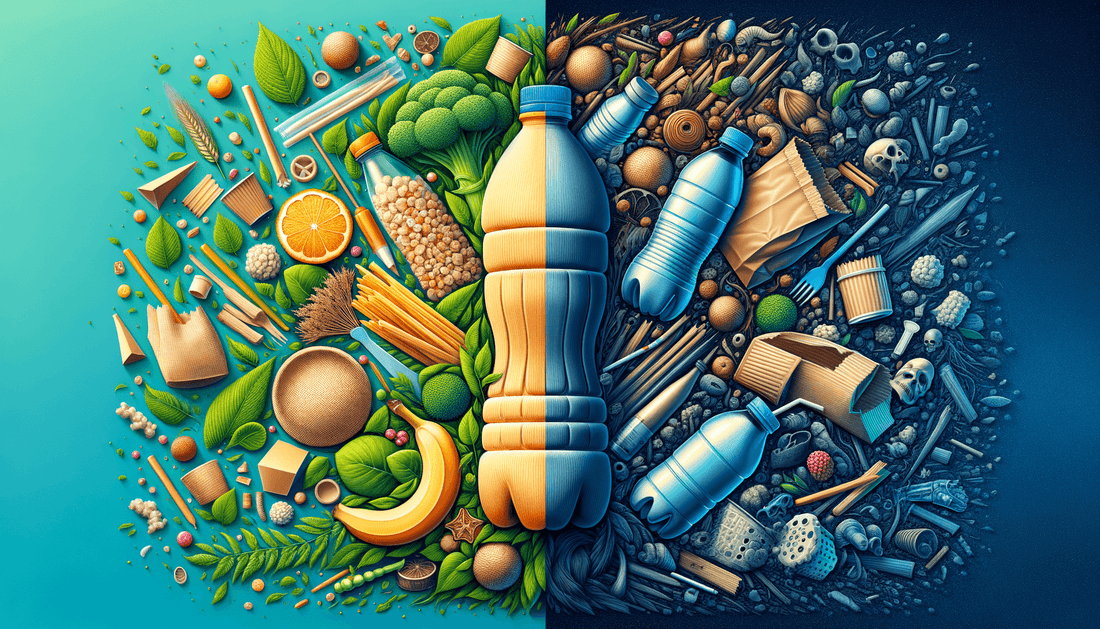 Botella plástica en el centro, rodeada de alimentos y plásticos, contraste de naturaleza y contaminación.