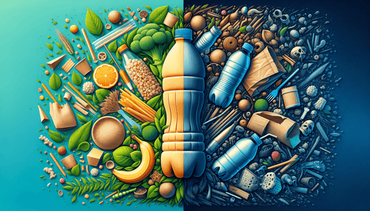 Botella plástica en el centro, rodeada de alimentos y plásticos, contraste de naturaleza y contaminación.