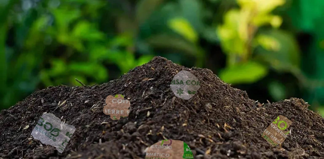 Montón de composta con bolsas compostables degradándose en un entorno natural verde