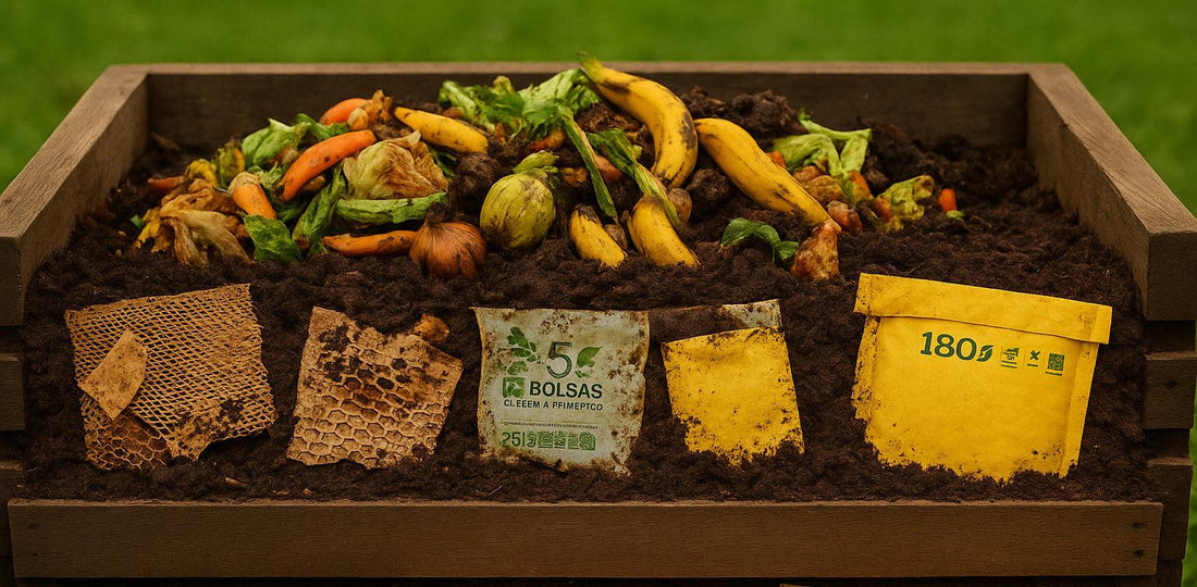 Compostera doméstica con residuos orgánicos y bolsas compostables en tierra
