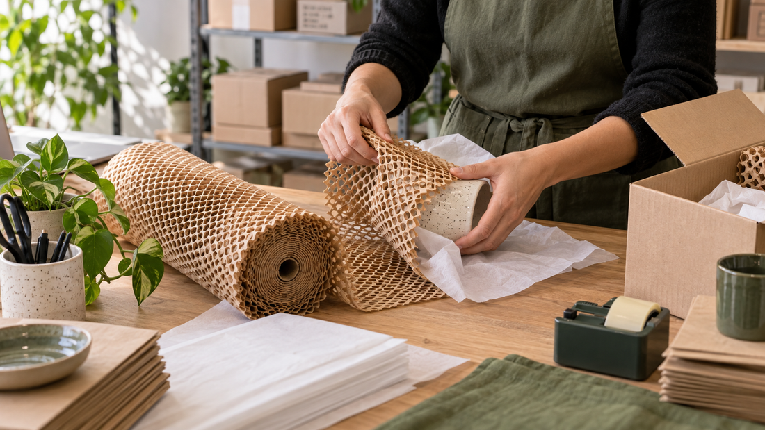 Emprendedora envolviendo un producto con papel panal kraft antes de un despacho Cyber
