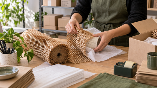 Emprendedora envolviendo un producto con papel panal kraft antes de un despacho Cyber