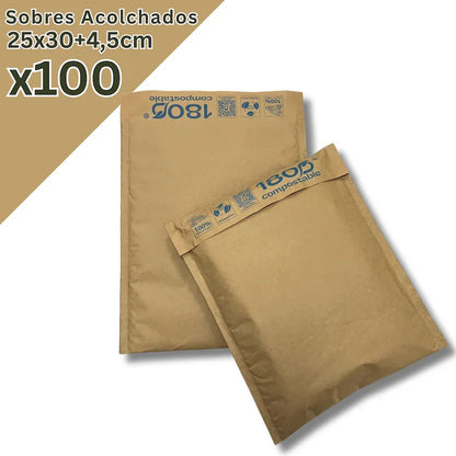 Pack de 100 Sobres Acolchado de 25x30+4,5 cm, 100% de Papel Kraft