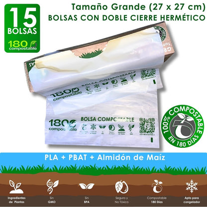 15 Bolsas Herméticas Doble Cierre para Alimentos de 27x27cm - 180Compostable.cl