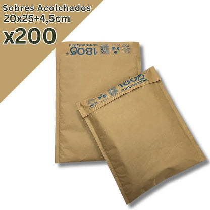 Pack de 200 Sobres Acolchado de 20x25+4,5 cm, 100% de Papel Kraft
