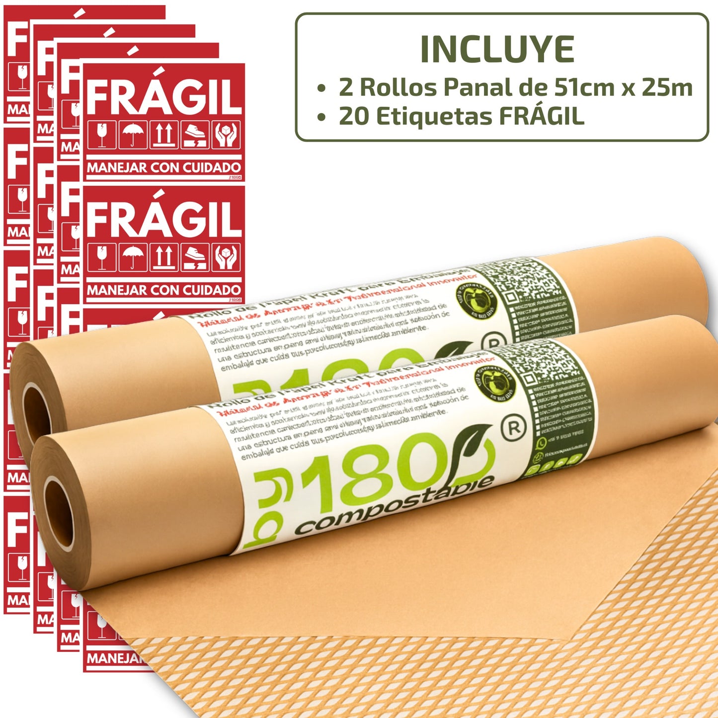 Pack de 2 Rollos Papel Kraft Acolchado para Embalaje de 51cm x 25m + 20 Etiquetas FRÁGIL