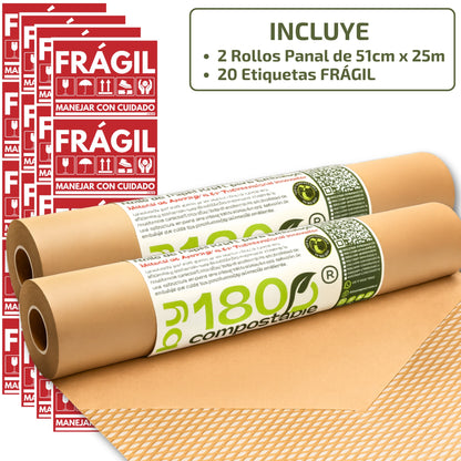 Pack de 2 Rollos Papel Kraft Acolchado para Embalaje de 51cm x 25m + 20 Etiquetas FRÁGIL
