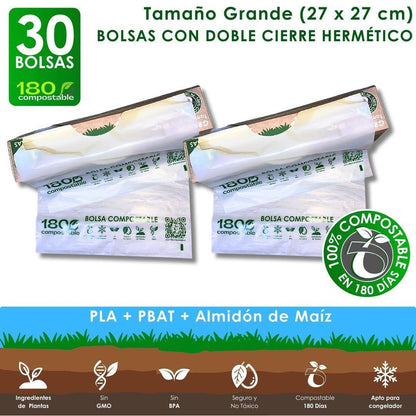 30 Bolsas Herméticas Doble Cierre para Alimentos (Grande) - 180Compostable.cl