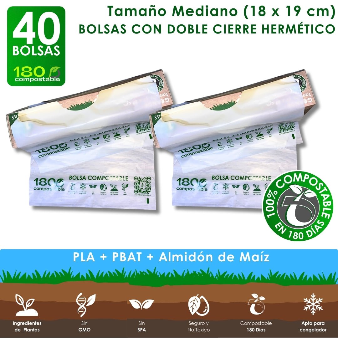 40 Bolsas Herméticas Doble Cierre para Alimentos (Mediana) - 180Compostable.cl