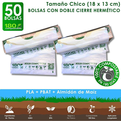 50 Bolsas Herméticas Doble Cierre para Alimentos (Chica) - 180Compostable.cl