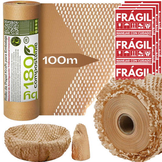 Rollo De Papel Kraft Para Embalaje Estructura Panal De Abeja 51cm*100m + 30 Etiquetas FRÁGIL