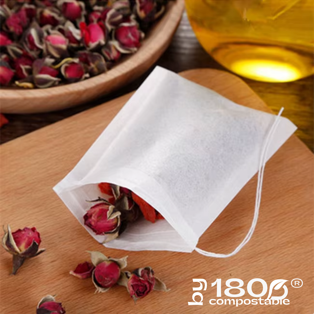 Pack de 100 Bolsitas de té 5,5×7 cm de fibra de maíz con cordón - 180Compostable.cl