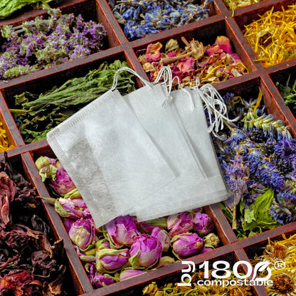 Pack de 100 Bolsitas de té 5,5×7 cm de fibra de maíz con cordón - 180Compostable.cl
