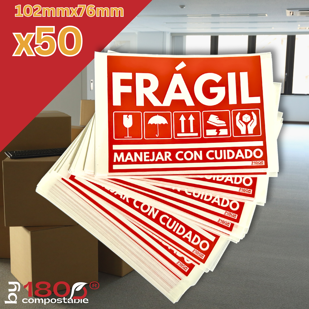 Pack de 50 Etiquetas Frágil de 102mm x 76mm