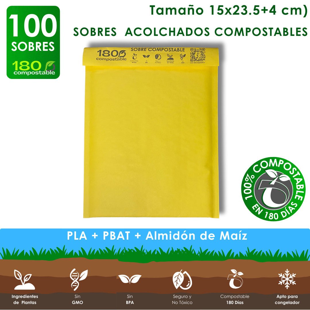 Pack de Sobres Acolchados Autosellantes para Envíos 100% Compostables (15x23.5+4cm) - 180Compostable.cl