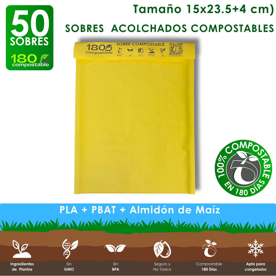 Pack de Sobres Acolchados Autosellantes para Envíos 100% Compostables (15x23.5+4cm) - 180Compostable.cl