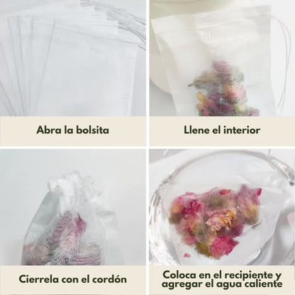 Pack de 100 Bolsitas de té 5,5×7 cm de fibra de maíz con cordón