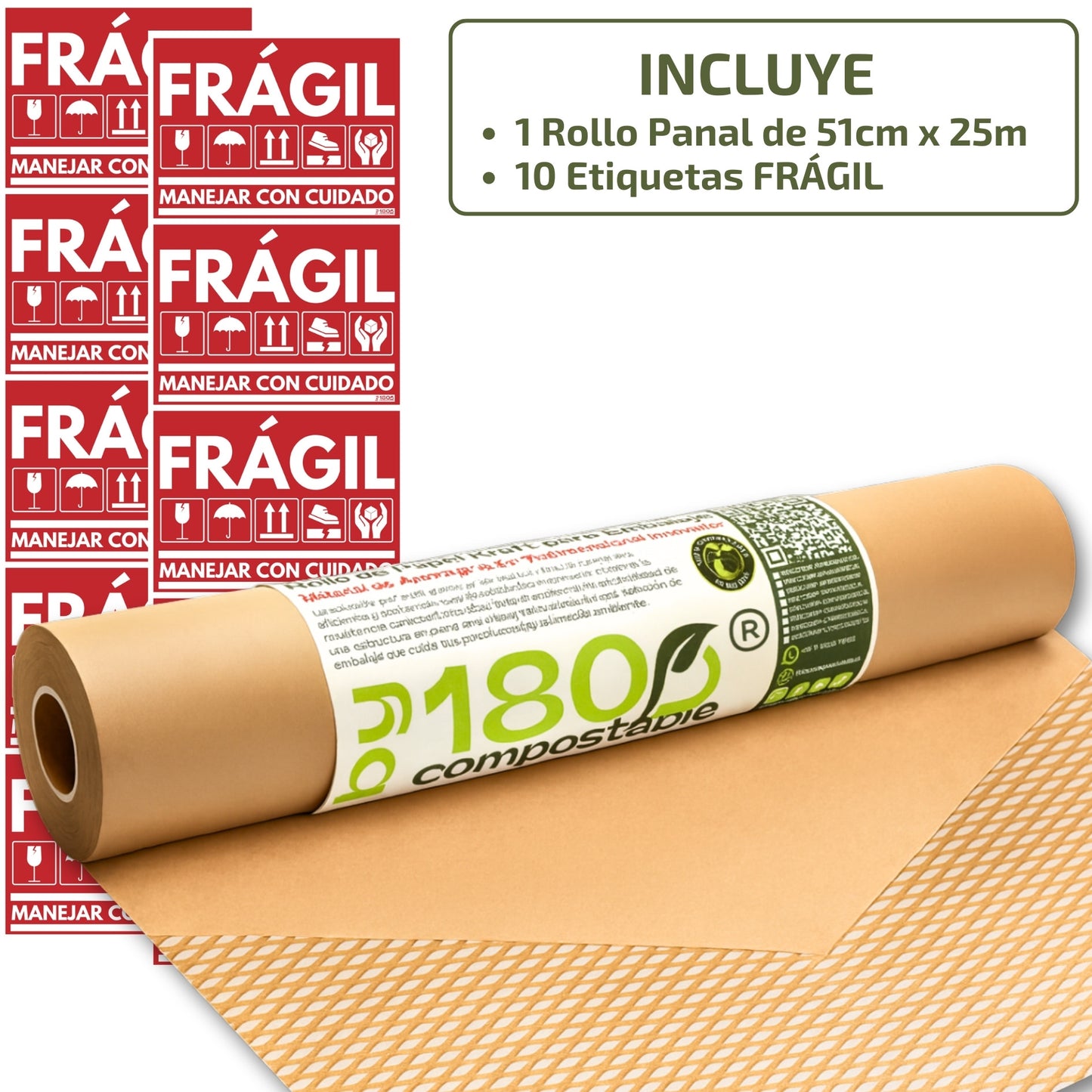 Rollo de Papel Kraft Acolchado para Embalaje de 51cm x 25m +10 etiquetas