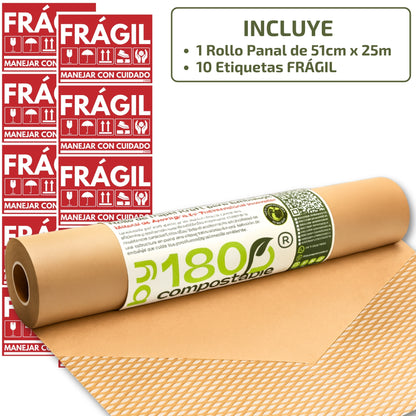 Rollo de Papel Kraft Acolchado para Embalaje de 51cm x 25m +10 etiquetas
