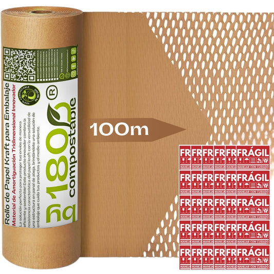 Rollo De Papel Kraft Para Embalaje Estructura Panal De Abeja 51cm*100m + 30 Etiquetas FRÁGIL