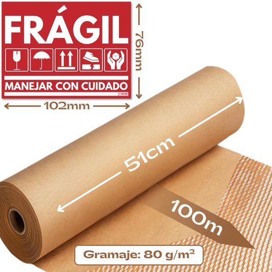 Rollo De Papel Kraft Para Embalaje Estructura Panal De Abeja 51cm*100m + 30 Etiquetas FRÁGIL