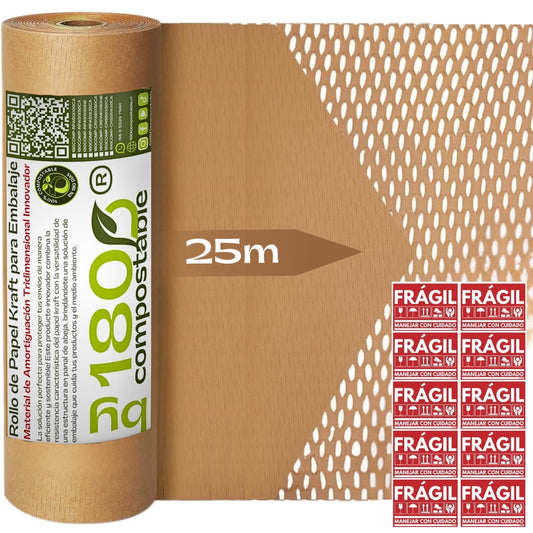 Rollo de Papel Kraft Acolchado para Embalaje de 51cm x 25m +10 etiquetas