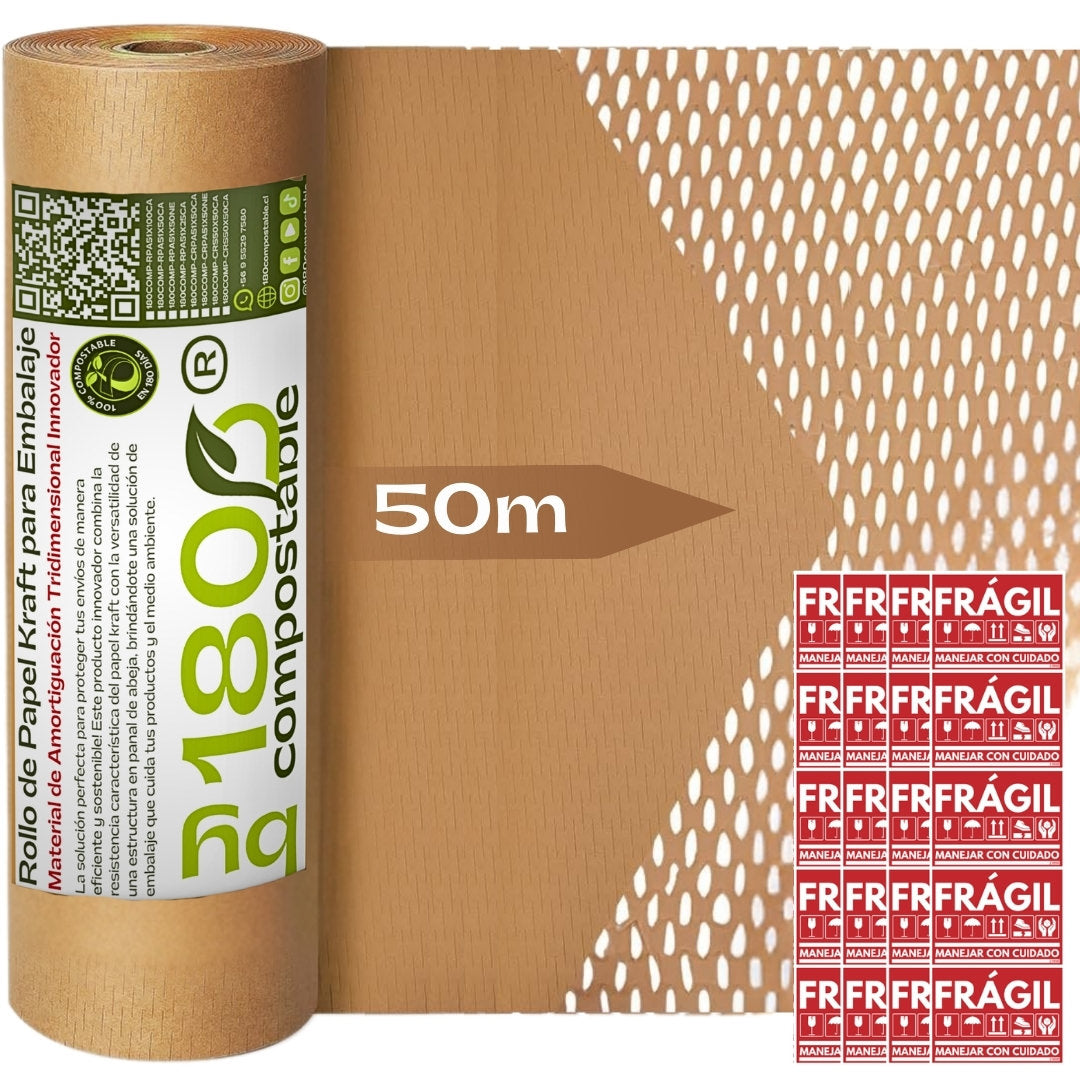 Rollo Papel Acolchado 51cm x 50m + 20 Etiquetas Frágil Incluidas