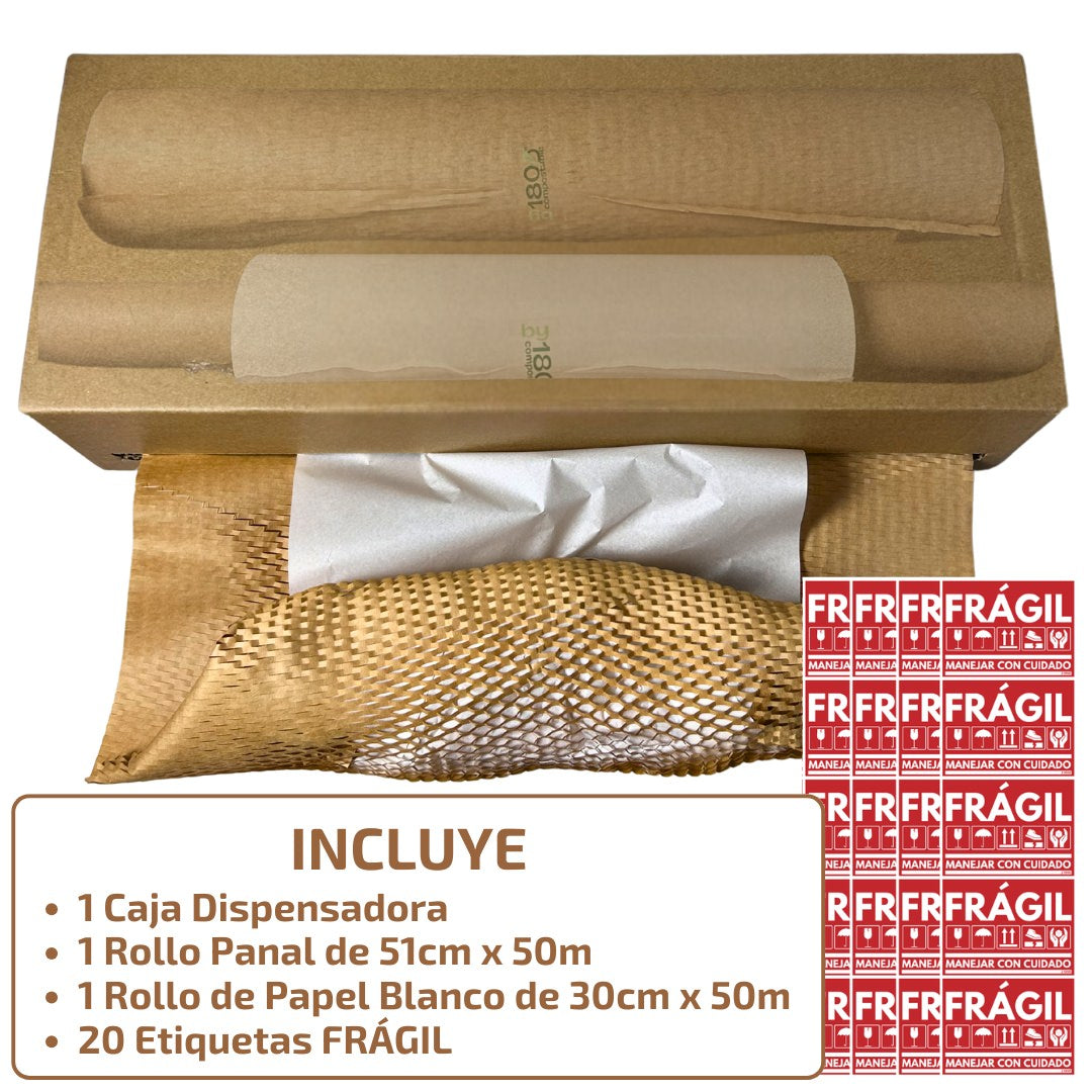 Caja Dispensadora de Papel Acolchado y Papel Blanco Liso + 20 Etiquetas Frágil Incluidas